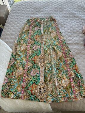 SHEIN Green Paisley Print Maxi Skirt with Pink & Gold Accents